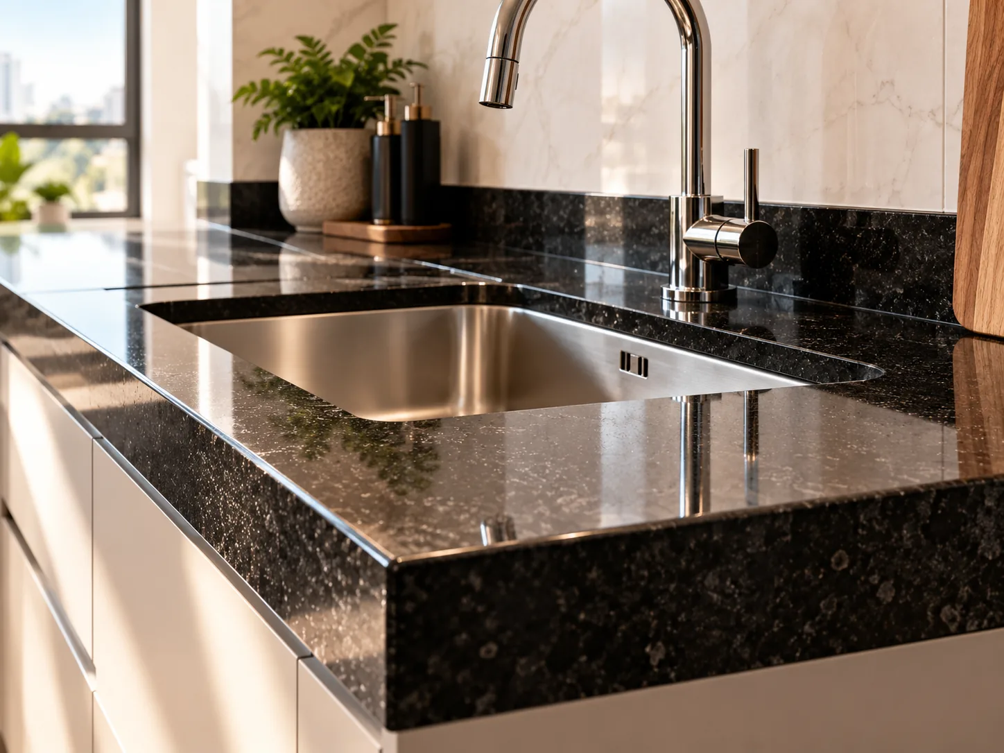 Detalhe de bancada em granito preto com cuba de inox e torneira