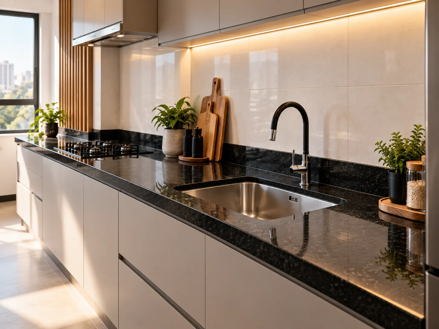 Cozinha com bancada em granito preto e cuba de inox